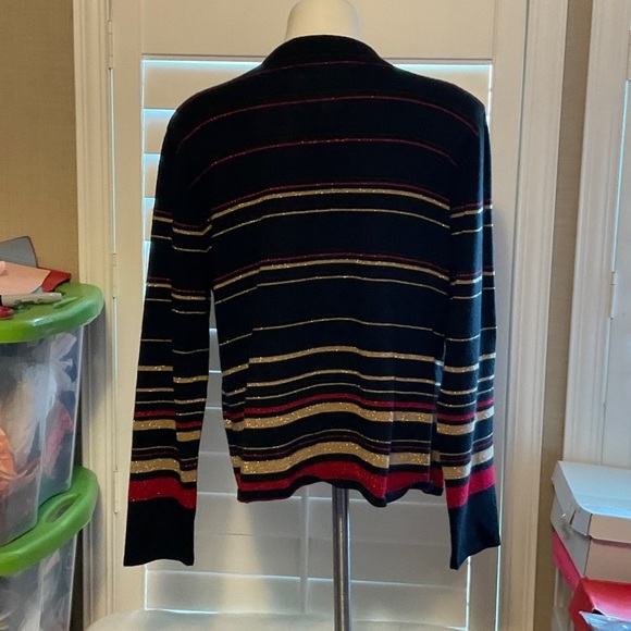 Chic Women's Cardigan - Black, Red, Gold Stripes - Picture 3 of 7